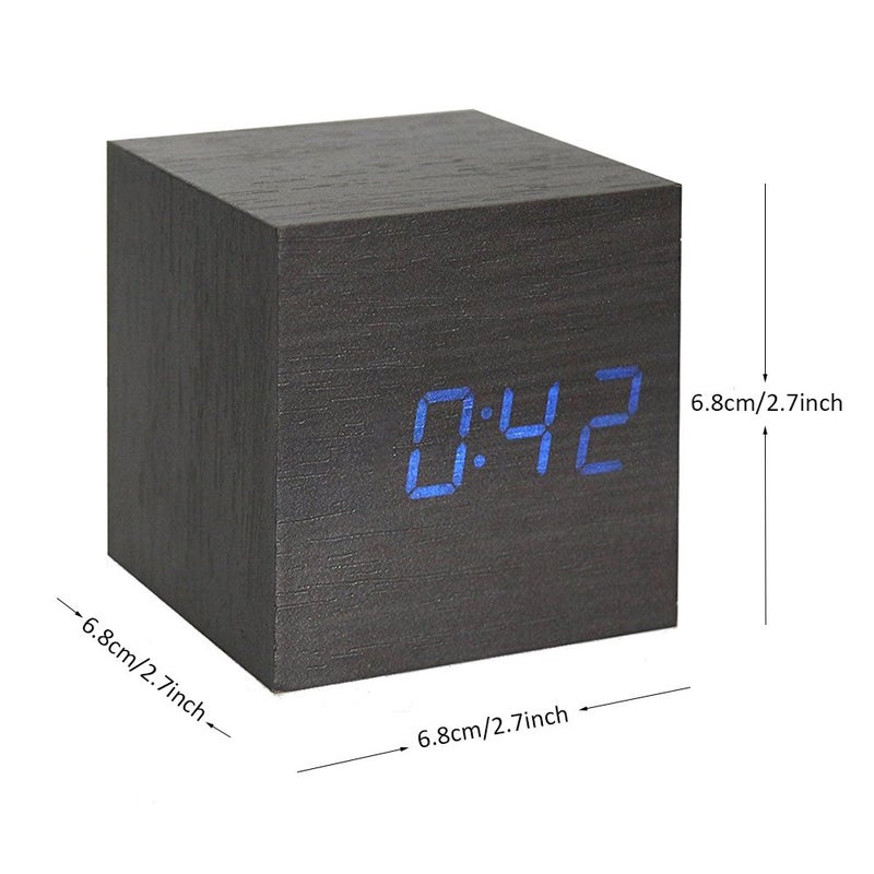 Onerbuy Wooden Digital Cube Alarm Clock Touch Sound Activated Desk Clock Portable Travel Clock with LCD Display for Time, Temperature, Calendar, 3 Alarm Settings (Black) - Image 4
